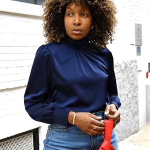 The Drop Women's Navy Satin High-Neck Blouse by @karenbritchick